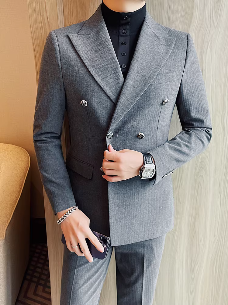 Bộ vest nam hai hàng khuy, kiểu mới thu đông 2024, phong cách công sở lịch lãm, đa năng, ôm dáng, áo vest thời trang