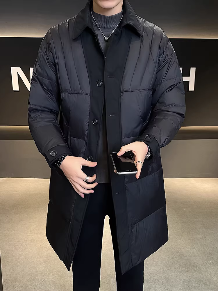 Áo khoác phao nam dài trung bình chất lượng cao tiêu chuẩn quốc gia 90%, kiểu mới mùa đông 2025, phối màu, cổ áo phối, dày dặn