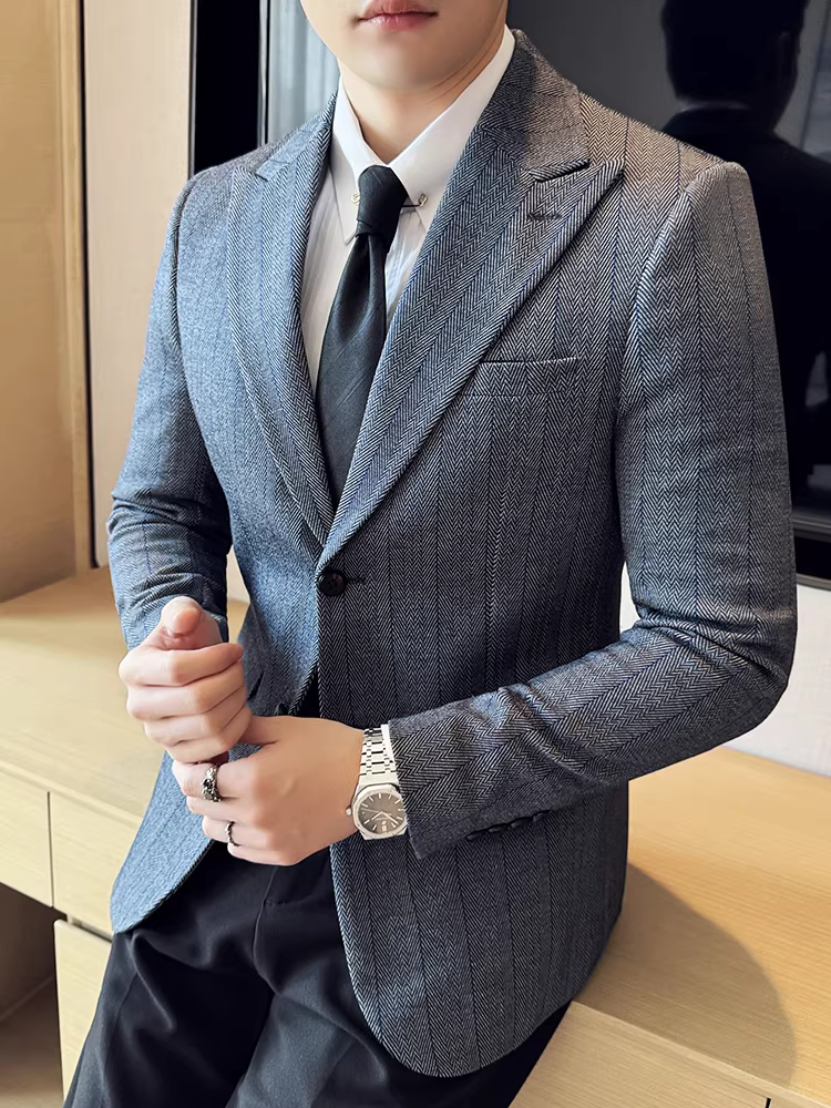 Áo blazer kẻ sọc rộng kiểu xương cá dành cho nam, kiểu dáng mới mùa xuân thu, phong cách công sở lịch lãm cao cấp, hợp thời trang kiểu Anh, dáng ôm.