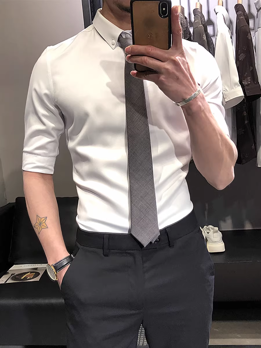 Áo sơ mi mùa hè cho nam, tay ngắn, cao cấp, không cần là, tay ba phần, áo sơ mi nam màu trơn, dáng ôm, trang phục công sở giản dị, quần áo nam đẹp trai