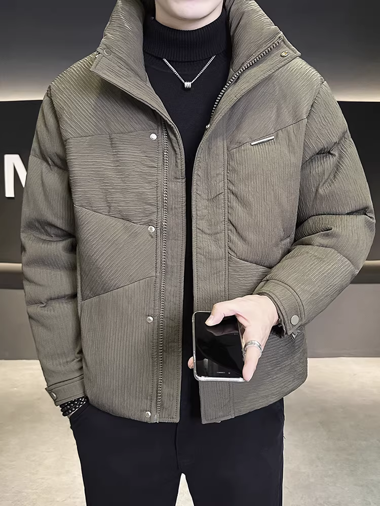 Áo khoác nam, kiểu dáng mùa đông mới, phong cách thời thượng cao cấp, cổ đứng, dáng ngắn, kiểu dáng giản dị, ấm áp và dày dặn