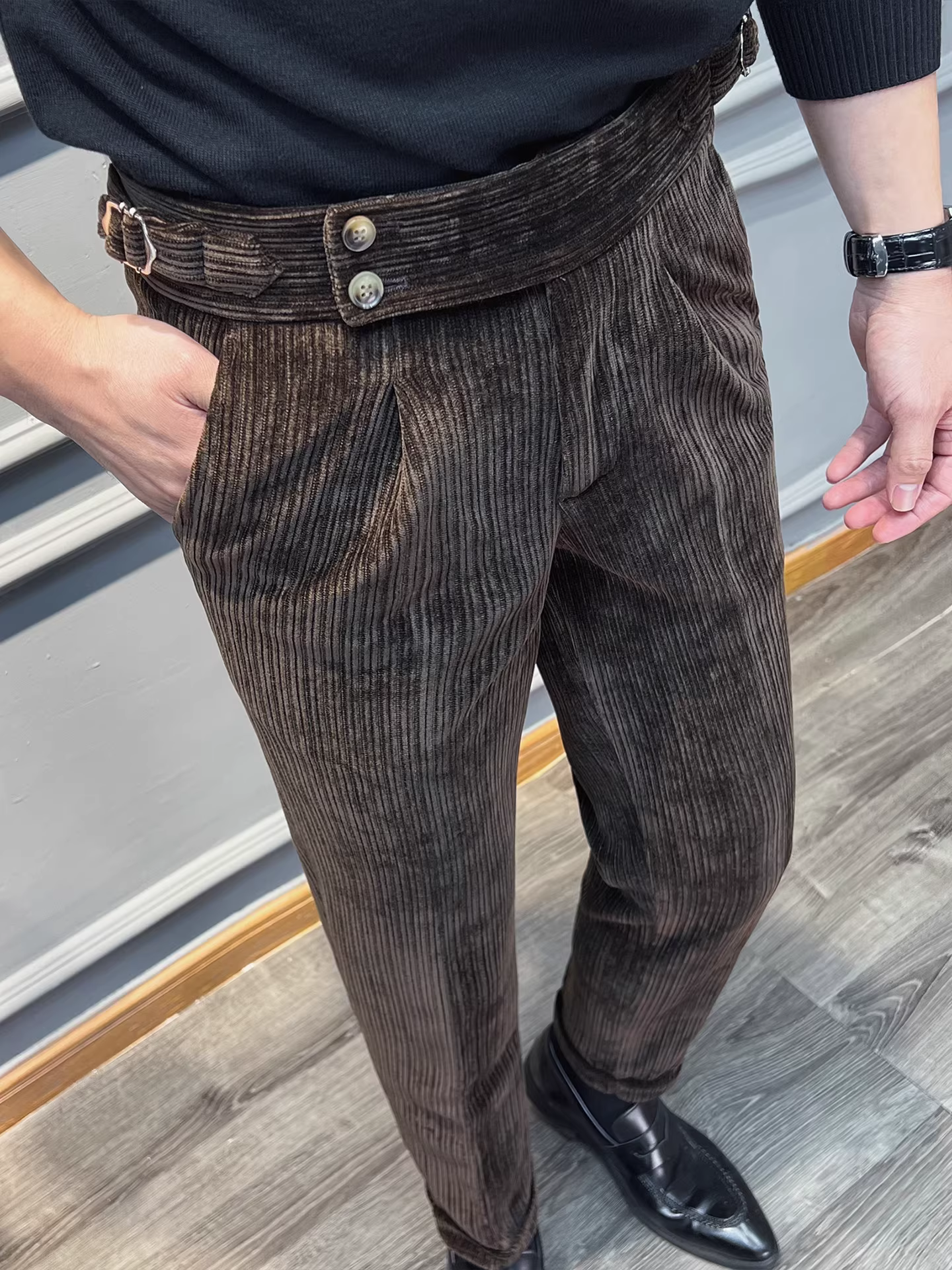 Quần âu nam chất liệu nhung dày kiểu Naples, mùa thu đông, phong cách thường ngày, công sở, đa năng, ôm dáng, cạp cao.