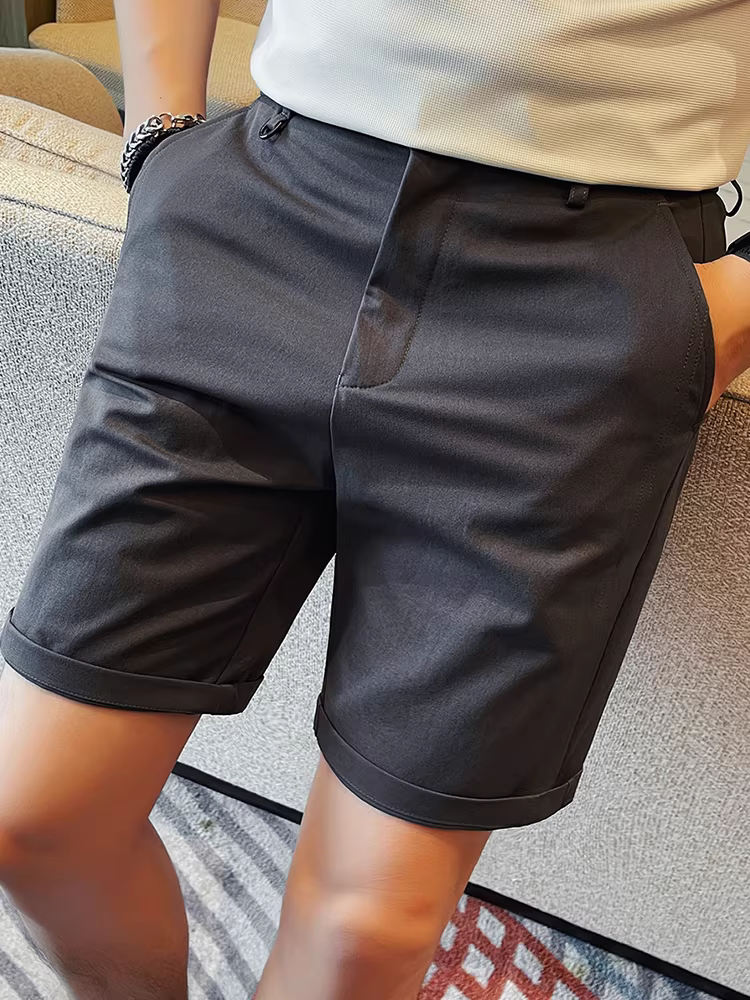 Quần short nam cao cấp lưng thun bán co giãn, kiểu dáng mới mùa hè, phong cách công sở giản dị, màu trơn đa năng, quần lửng năm phần.