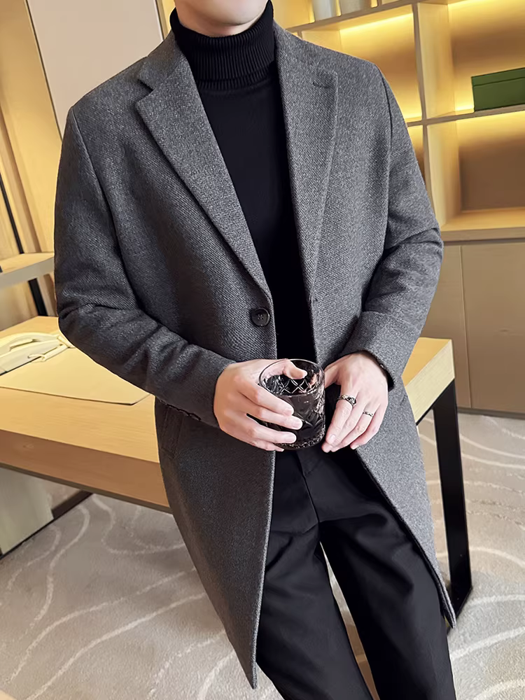 Áo khoác len dày dặn cao cấp dành cho nam, dài trung bình, kiểu dáng mới mùa đông 2024, cổ áo vest thời thượng