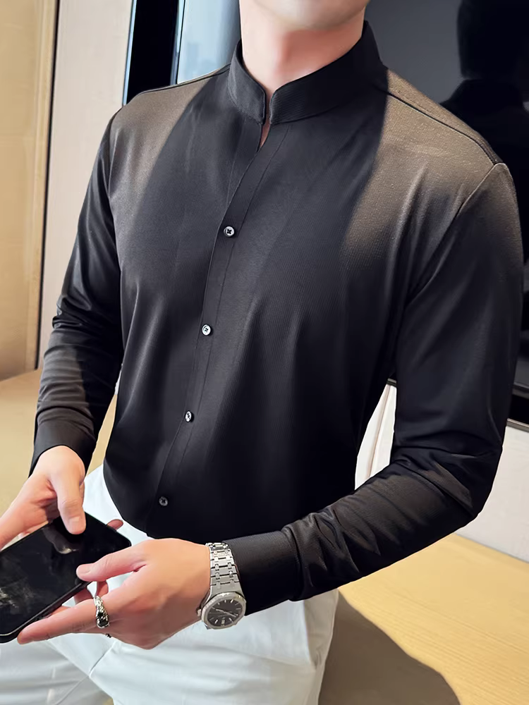 Áo sơ mi liền mạch cổ đứng phong cách Trung Hoa mới dành cho nam, dài tay, trang phục công sở cao cấp, đa năng, co giãn, ôm vừa vặn, áo sơ mi trắng cao cấp