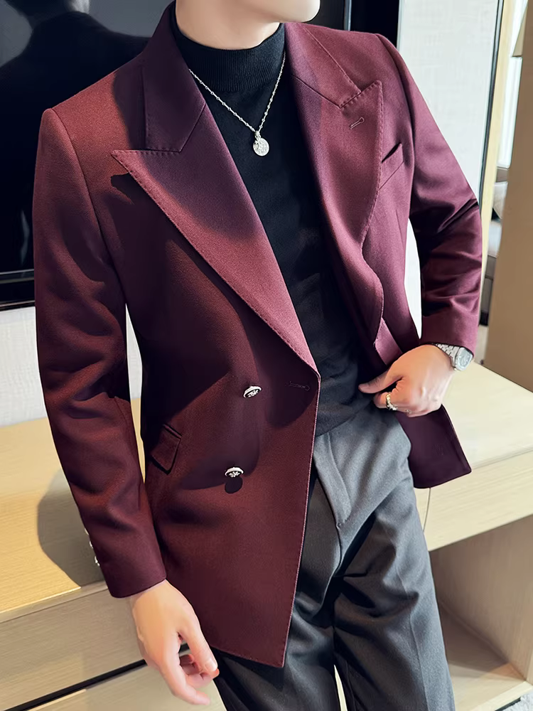 Áo blazer nam dáng dài, dày dặn, kiểu mới thu đông 2024, phong cách công sở lịch lãm, ôm dáng.