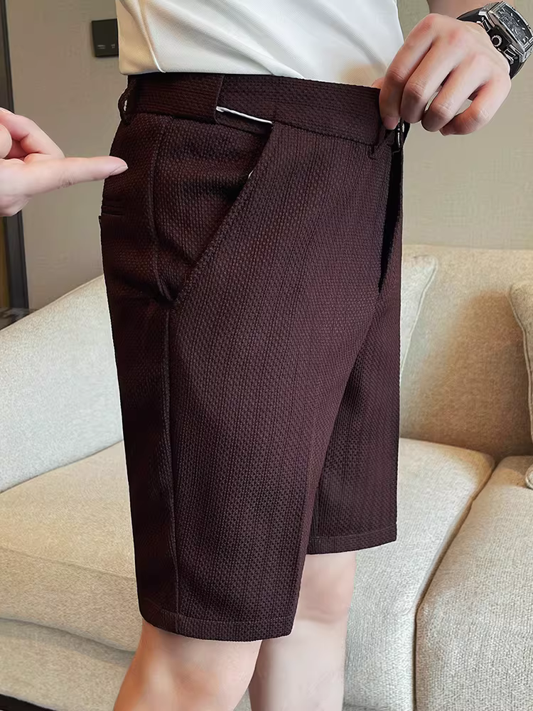 Quần short waffle lưng thun cho nam, kiểu dáng mùa hè mới, phong cách công sở cao cấp, đa năng, thời trang, chống nhăn, quần kiểu vest năm điểm.