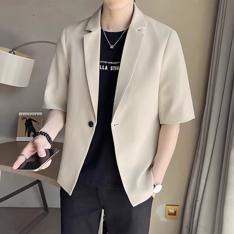 Bộ đồ lụa mỏng mùa hè dành cho nam, tay áo ba phần tư, áo khoác ngắn tay nam dáng rộng hợp thời trang, đa năng và phong cách.