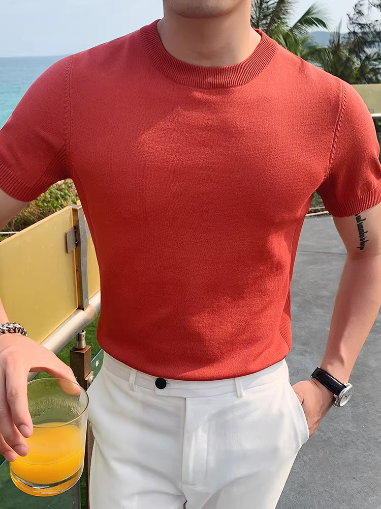 Áo thun nam chất liệu lụa đá, tay ngắn, mùa hè mỏng nhẹ, cao cấp, kiểu dáng Hàn Quốc, ôm body, áo thun nam mặc thường ngày