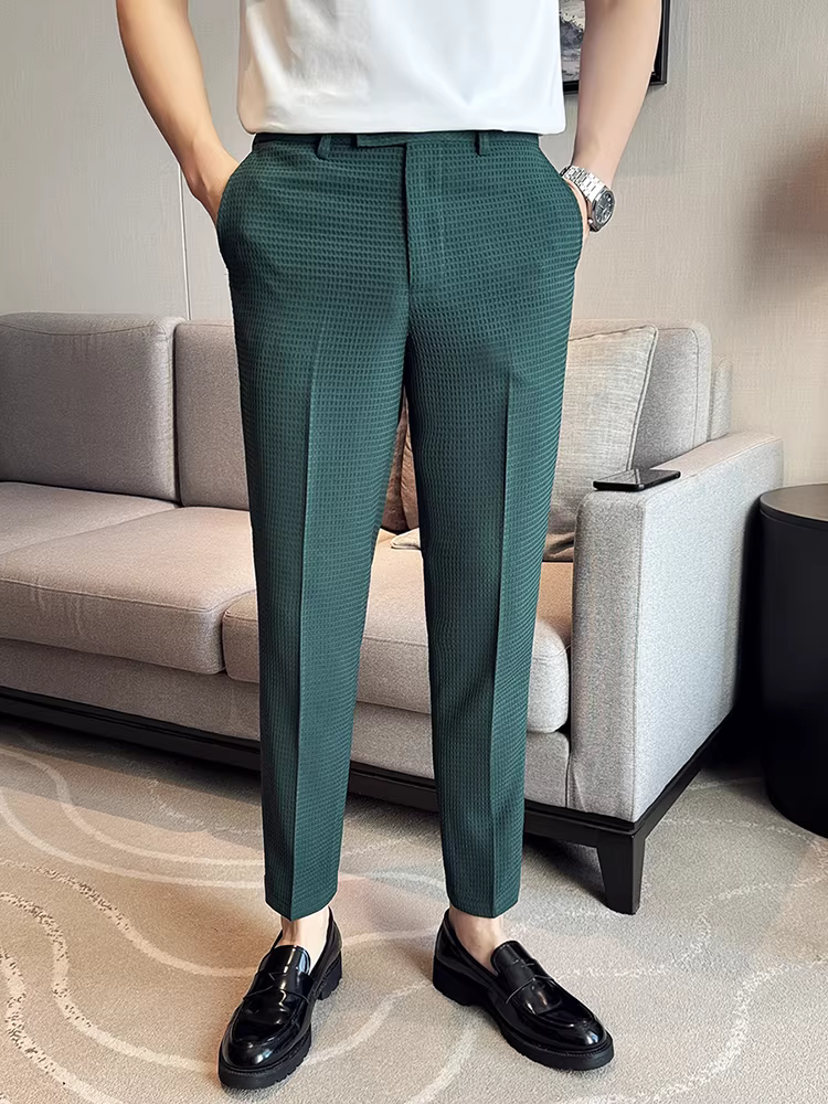 Quần âu nam chất liệu vải waffle, kiểu dáng ngắn, mùa hè mỏng nhẹ, quần âu cao cấp, ôm dáng, kiểu dáng thon gọn, quần âu công sở 9 phần.