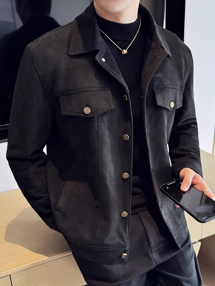 Áo khoác da lộn nam, thu đông, dày dặn, thời trang, hợp xu hướng, cao cấp, ôm dáng, ve áo sắc nét, kiểu ngắn