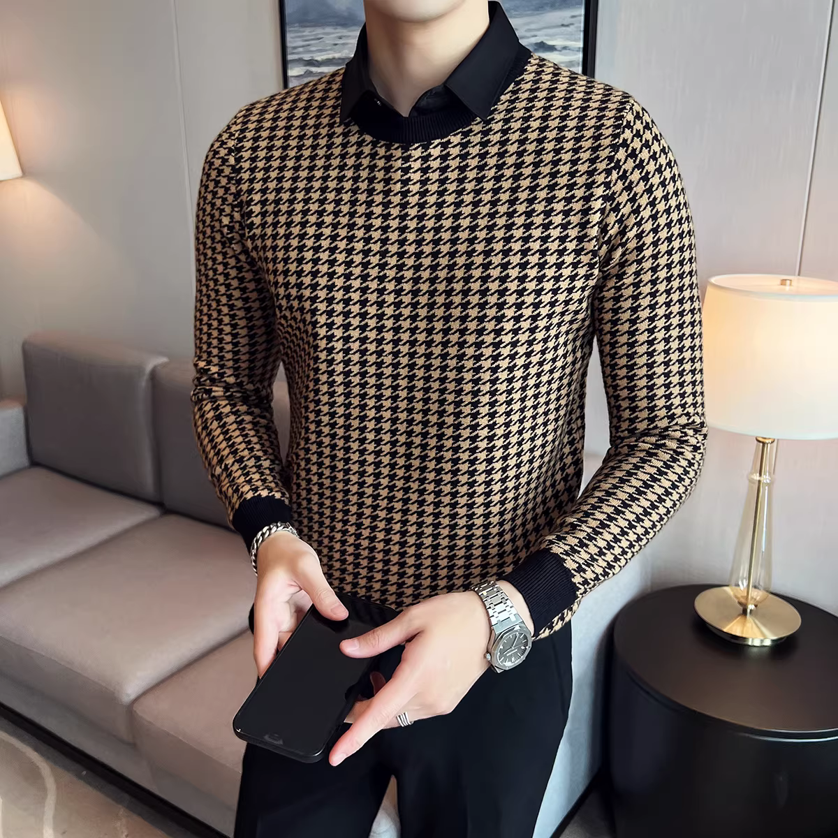 Áo len giả hai mảnh Houndstooth dành cho nam, mùa thu đông, phối màu cao cấp, mềm mại, co giãn, áo sơ mi cổ tròn ôm sát cơ thể.