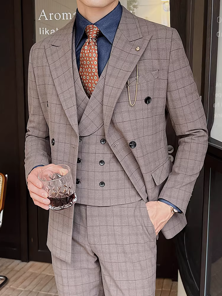 Bộ vest nam hai hàng khuy, kiểu dáng Hàn Quốc ôm dáng, trang phục công sở lịch lãm, bộ vest ba mảnh phong cách Anh quốc cao cấp, lịch lãm