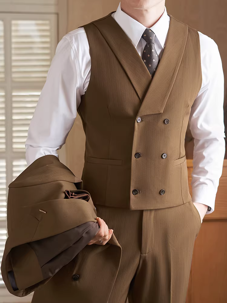 Bộ vest kẻ sọc hai hàng khuy dành cho nam, trang phục công sở lịch sự, trang phục phù rể đám cưới, bộ vest hai mảnh ôm dáng, chất liệu cứng cáp