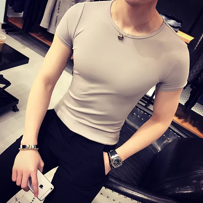 Áo thun nam ngắn tay bó sát, kiểu dáng mùa hè mới, chất liệu cotton mỏng mát như băng, áo thun cao cấp ôm sát chất liệu lụa đá.