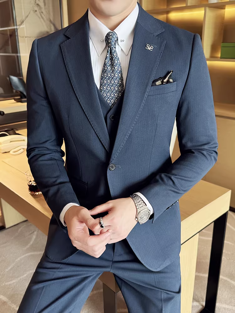 Bộ vest sọc cao cấp dành cho nam giới, phong cách công sở lịch lãm, kiểu dáng Anh, ôm dáng, lịch lãm, bộ vest chú rể, bộ vest ba mảnh