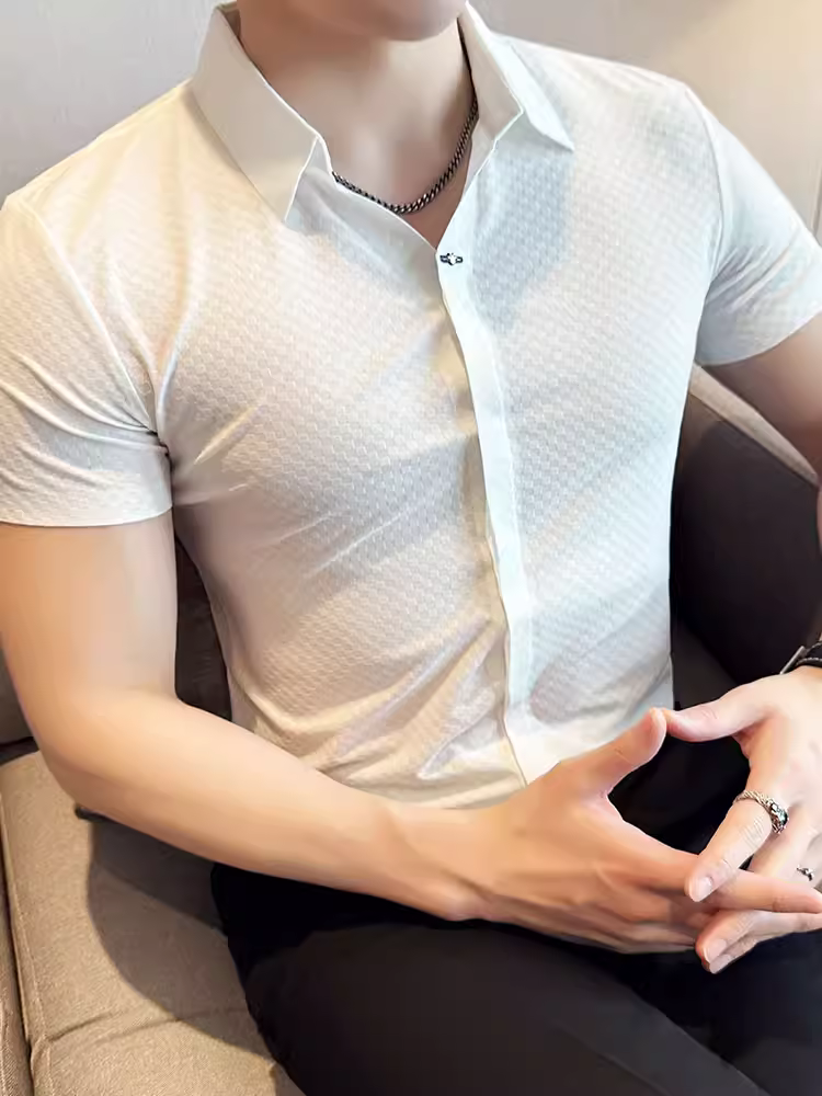 Áo sơ mi nam cổ chữ V tay ngắn họa tiết bàn cờ, kiểu dáng mỏng mùa hè, cao cấp, sang trọng, dễ tiếp cận, chống nhăn, không cần là ủi, áo sơ mi có khuy giấu