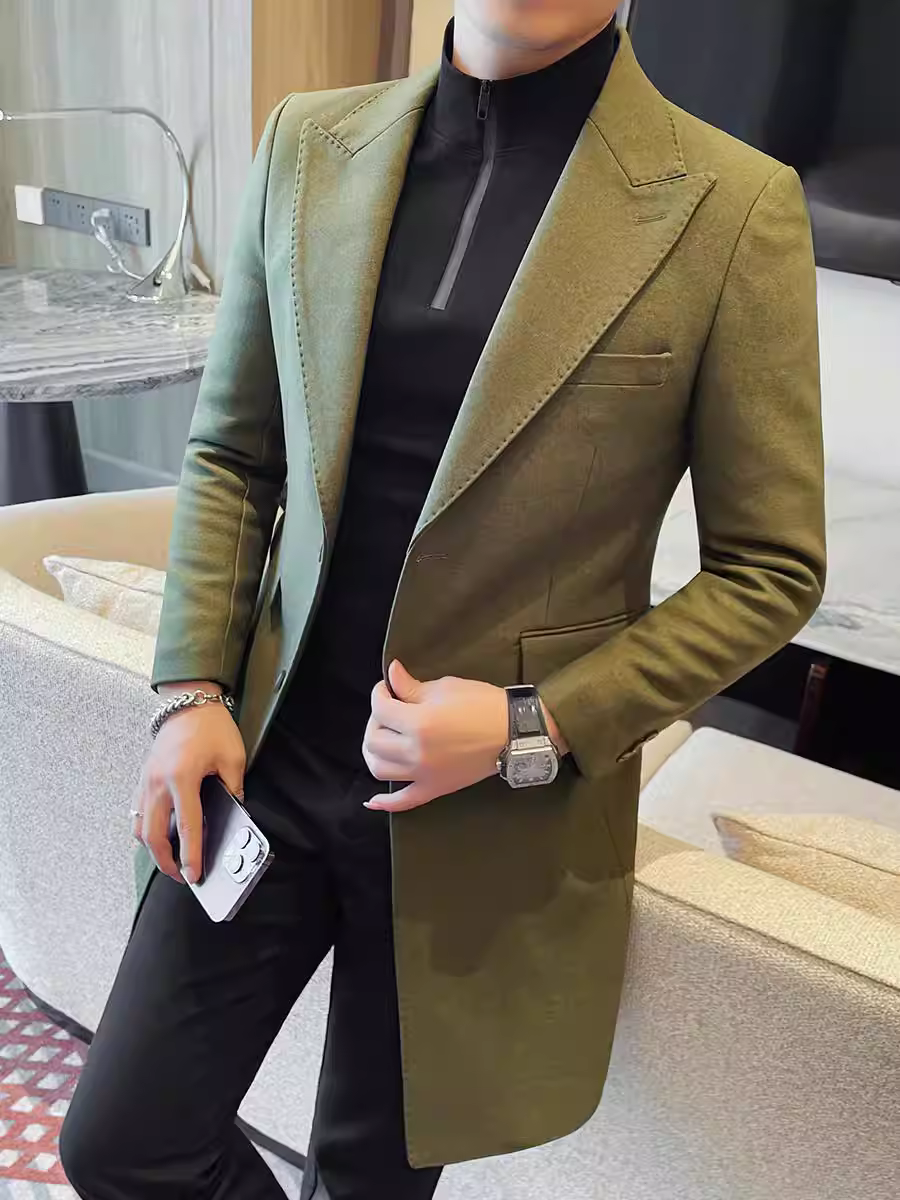 Áo khoác len dày có đệm bông có cổ vest dành cho nam, dài vừa phải, mùa đông, cao cấp, thời trang, hợp thời trang, áo khoác măng tô ôm dáng.