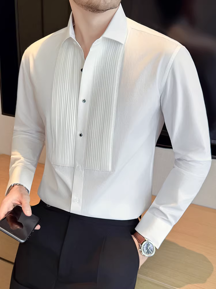 Áo sơ mi nam xếp ly, tay dài, chất lượng cao, trang phục công sở lịch sự, dễ chăm sóc, chống nhăn, áo chủ nhà tiệc cưới