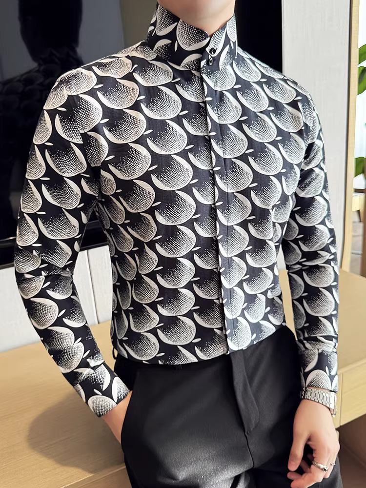 Áo sơ mi cổ đứng phong cách Trung Quốc mới dành cho nam, dài tay, cao cấp, sành điệu, in thương hiệu hợp thời trang, ôm vừa vặn, thời trang, có khuy giấu, áo cổ cao.