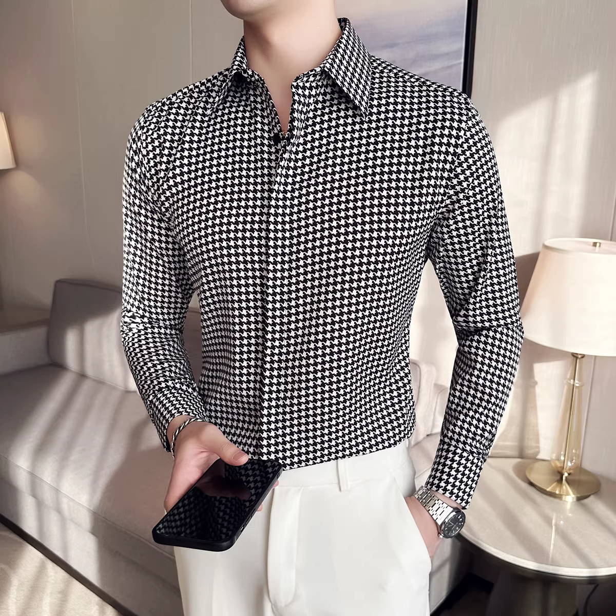 Áo sơ mi kẻ sọc houndstooth dành cho nam, dài tay, xuân thu, cao cấp, cổ điển, trang phục công sở thông thường, dễ chăm sóc, áo sơ mi có nút ẩn.