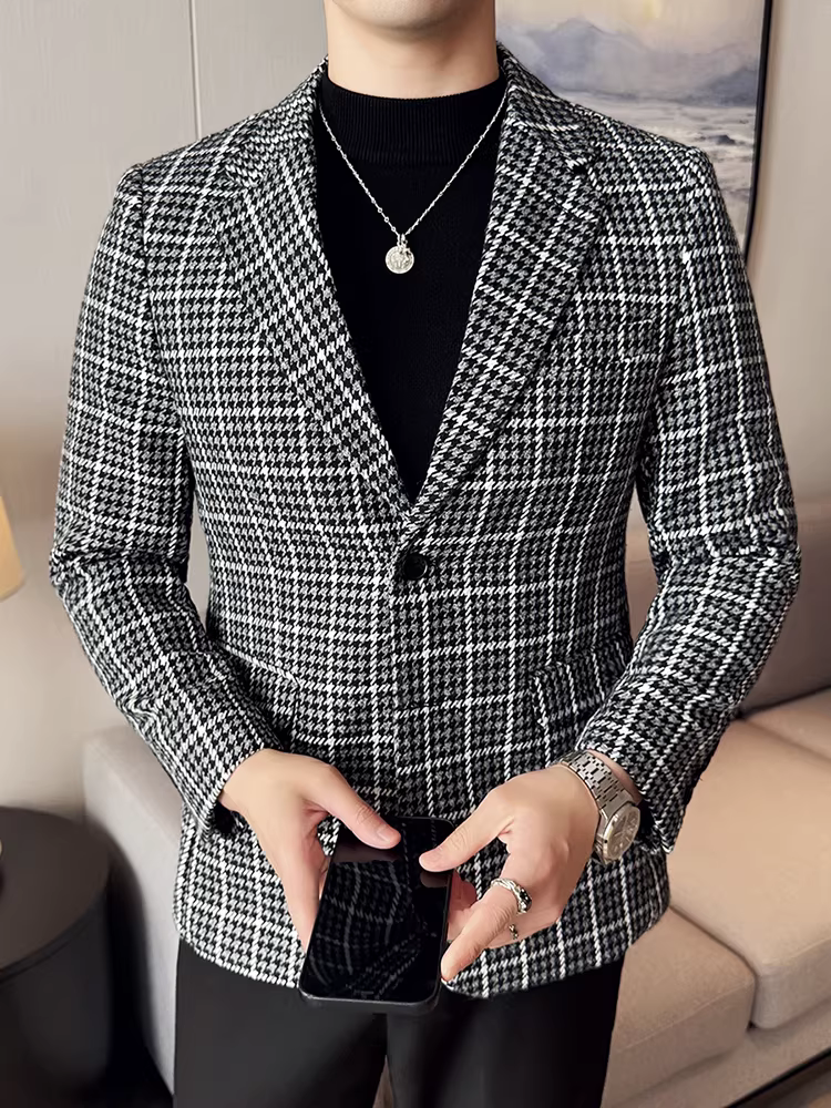 Áo khoác len kẻ sọc dành cho nam, kiểu dáng dày dặn mùa thu đông, kiểu dáng công sở lịch lãm cao cấp, đa năng, ôm dáng, chất liệu len, đơn hàng khuy.