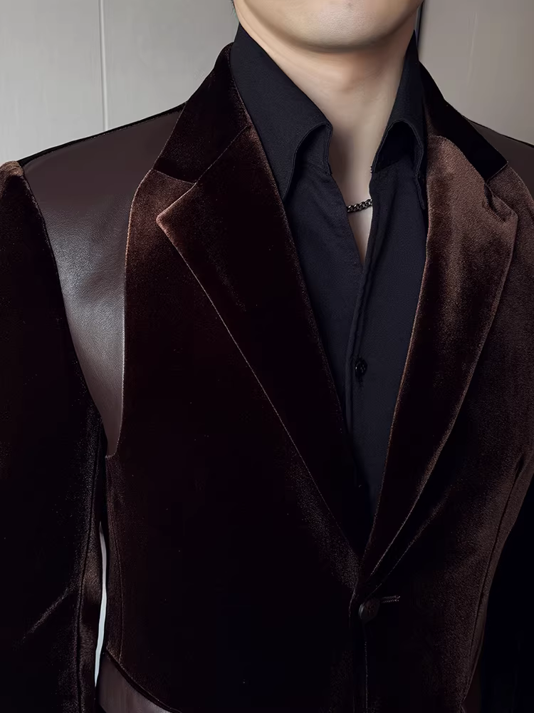 Áo vest nam chất liệu nhung mercerized phối da, kiểu dáng mới xuân 2025, cao cấp, ôm dáng, thời trang, lịch lãm.