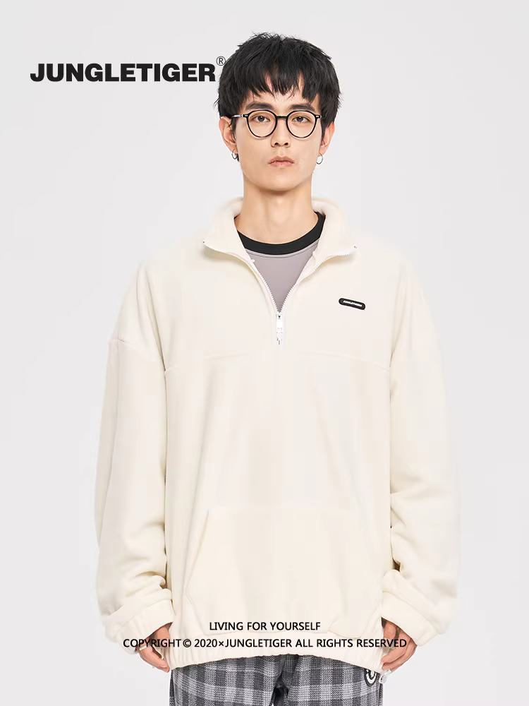 Áo nỉ nửa khóa kéo kiểu Mỹ retro Jungle Tiger dành cho nam, áo khoác trắng oversize thời trang dành cho cặp đôi nữ