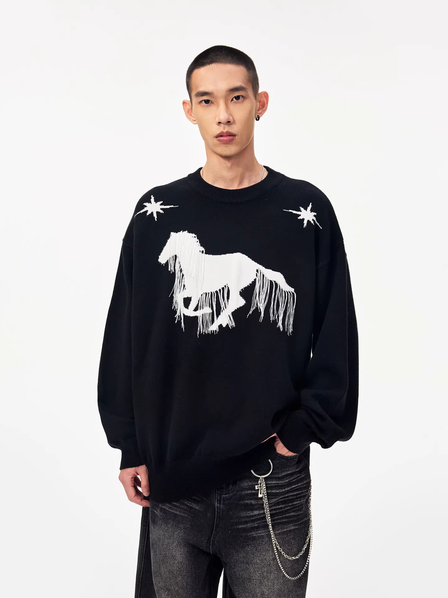 Áo len cổ tròn dệt jacquard tua rua phong cách Jungle Tiger thời thượng dành cho nam và nữ, thu đông 2025, kiểu dáng rộng rãi, chất liệu dệt kim thoải mái