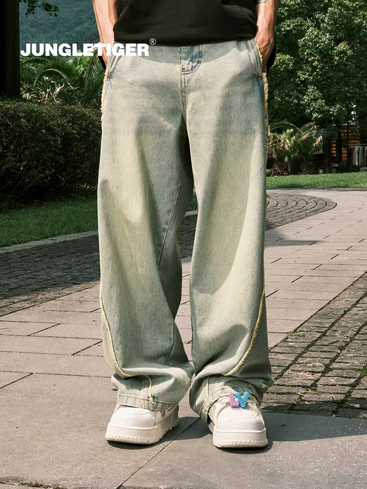 Quần jeans denim thô viền xù, họa tiết ghép hình hổ rừng, kiểu vintage, rách, dáng thẳng, unisex