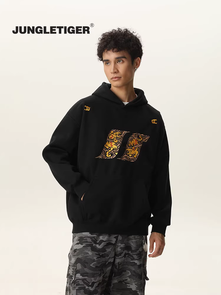 Áo khoác có mũ thêu nặng họa tiết hổ rừng quốc gia dành cho nam và nữ, mùa đông 2025, kiểu dáng rộng rãi, dành cho cặp đôi