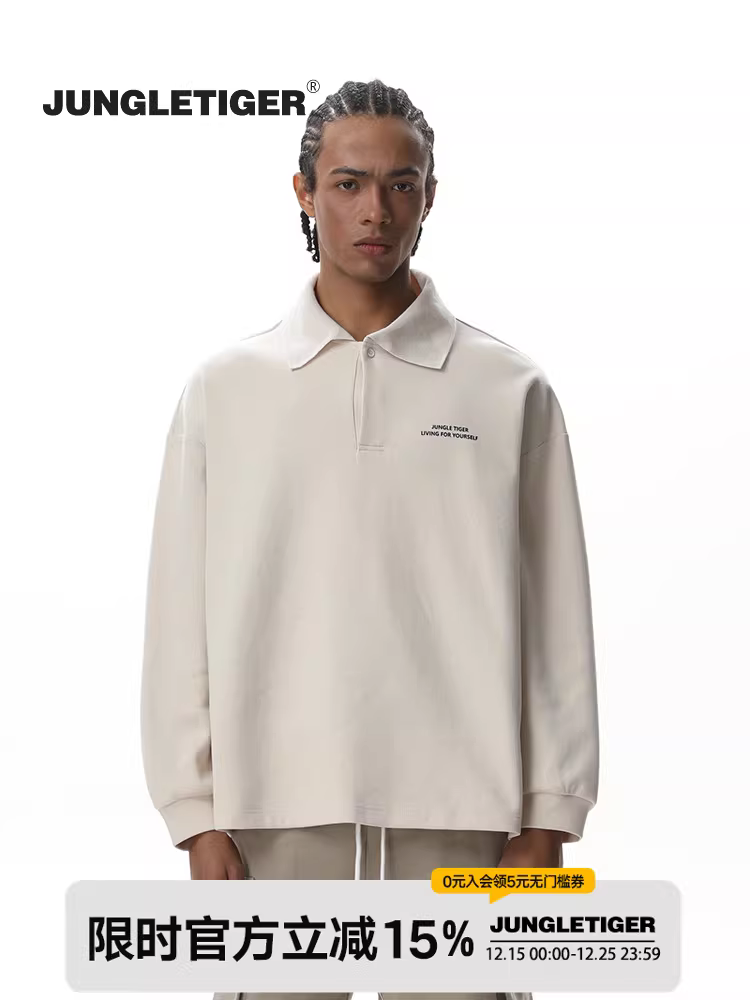 Áo thun polo cổ điển Mỹ họa tiết hổ rừng dành cho nam và nữ, xuân thu 2025, in chữ đơn giản, chất liệu dày, in offset, tay dài