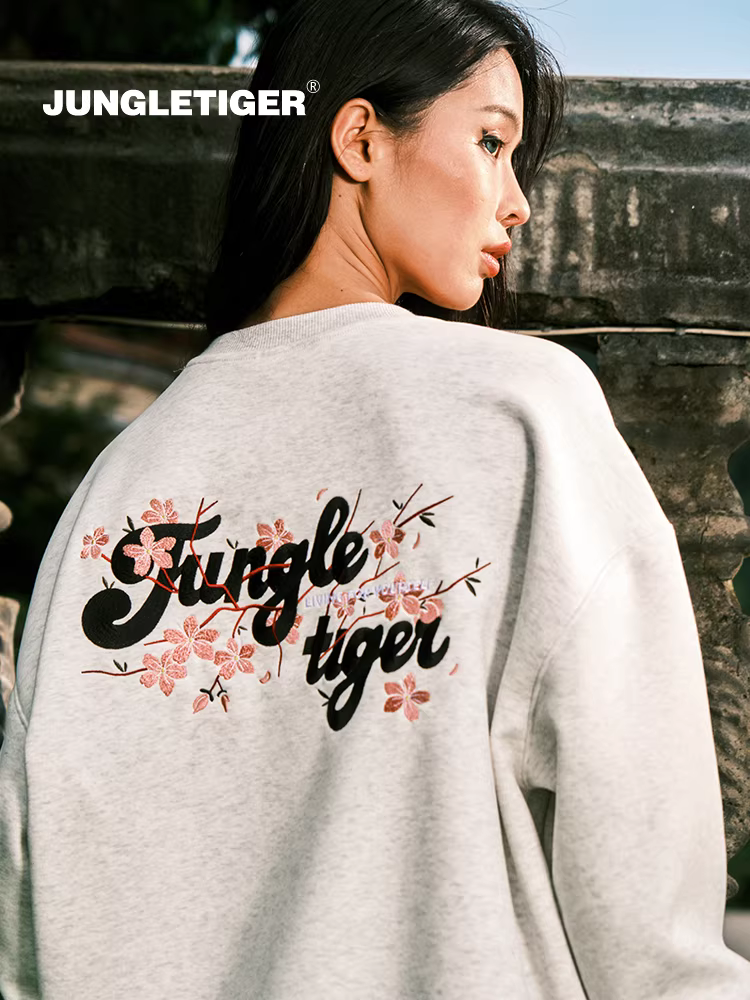 Áo thun cổ tròn thêu hoa Tiger Floral dành cho nam và nữ, áo thun dày dặn nặng 420g mới mùa thu/đông