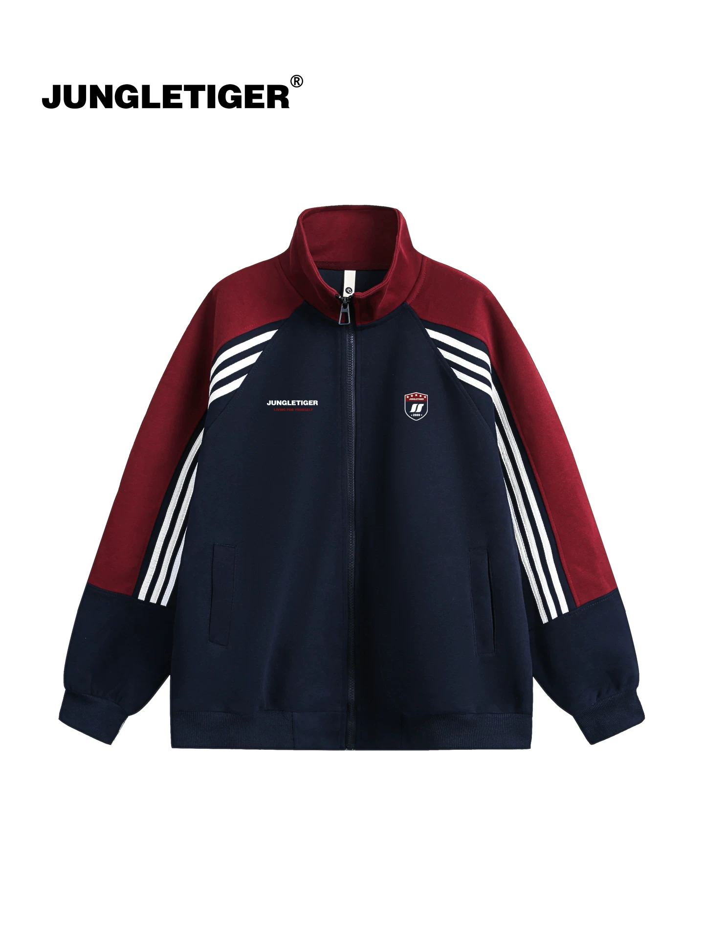 Áo len thể thao cổ điển kiểu Mỹ Jungle Tiger dành cho nam và nữ có ba sọc, phối màu, áo khoác cardigan cổ đứng