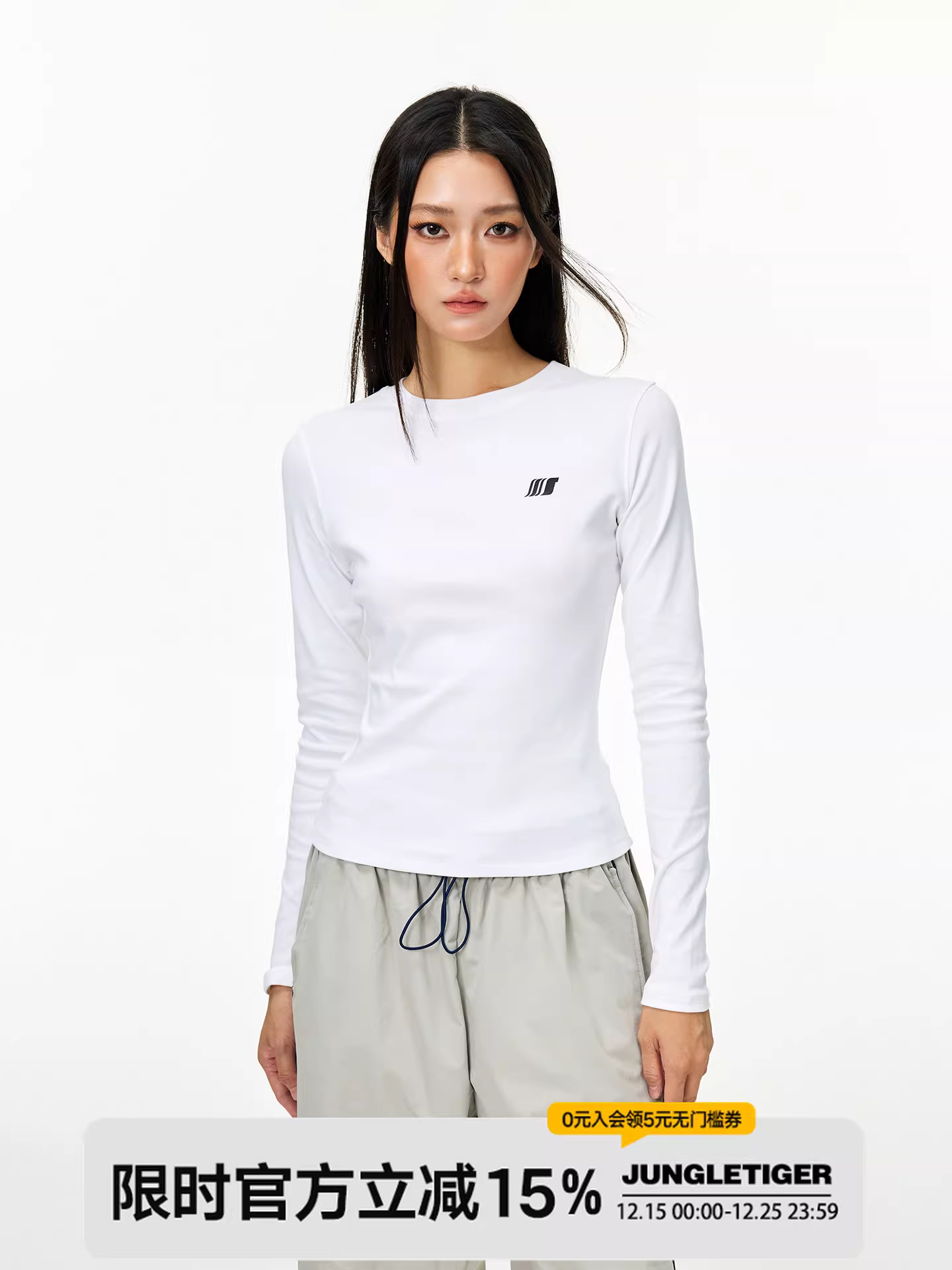 Áo thun dài tay dáng ôm kiểu Mỹ của Jungle Tiger dành cho nữ, áo sơ mi cổ tròn đa năng màu trơn mùa xuân thu