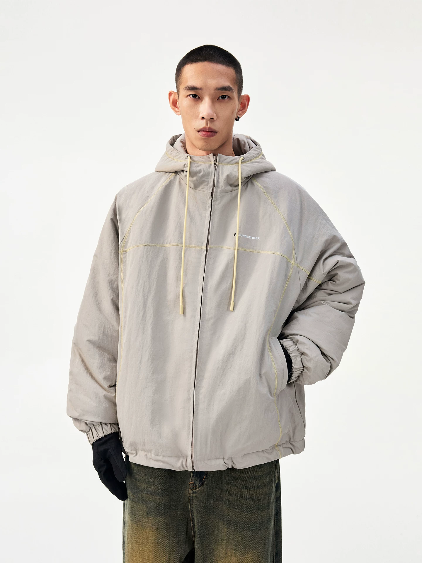 Áo khoác cotton màu xám cao cấp may kiểu tối giản Jungle Tiger dành cho nam và nữ, áo khoác bảo hộ mùa đông dày dặn, quần áo cotton đôi