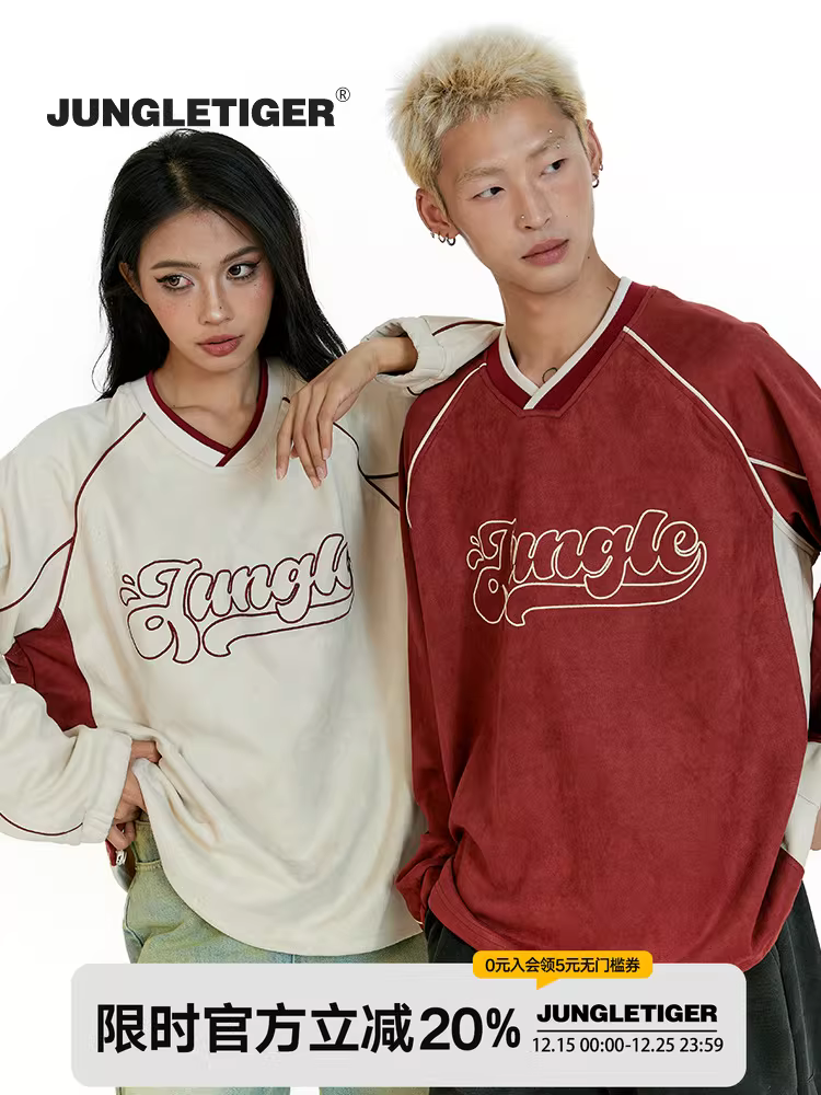 Áo thun nỉ cổ V thêu chữ Mỹ họa tiết hổ rừng dành cho nam và nữ Thu/Đông 2025, thương hiệu thời thượng, áo đôi