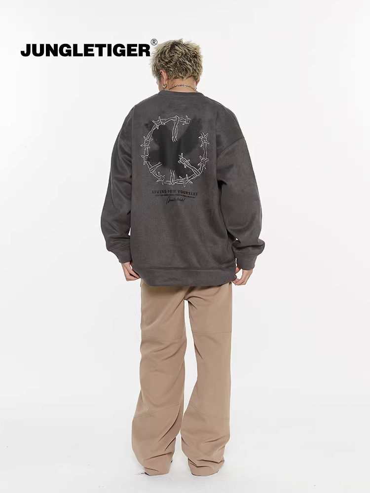 Áo nỉ da lộn thêu chim bồ câu hòa bình thương hiệu Jungle Tiger dành cho nam, áo cổ tròn dáng rộng phong cách hip-hop đường phố Mỹ dành cho nữ