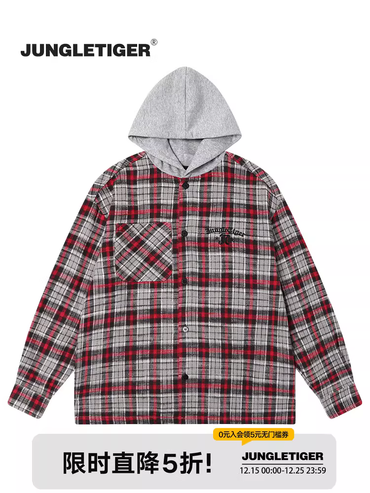 Áo sơ mi dài tay kẻ sọc thêu logo nhỏ hình hổ rừng dành cho nam và nữ, áo khoác có mũ trùm đầu rộng rãi kiểu cityboy cao cấp