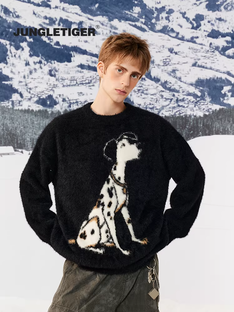 Áo len dệt kim giả lông chồn dalmatian hổ rừng unisex mùa thu đông kiểu dáng rộng rãi phong cách đường phố Mỹ dành cho cặp đôi