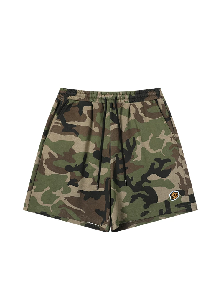 Quần short dệt kim ngụy trang thêu đầu hổ JUNGLETIGER dành cho nam, dáng rộng mùa hè, chất liệu cotton nguyên chất 380g, quần short năm điểm nặng ký