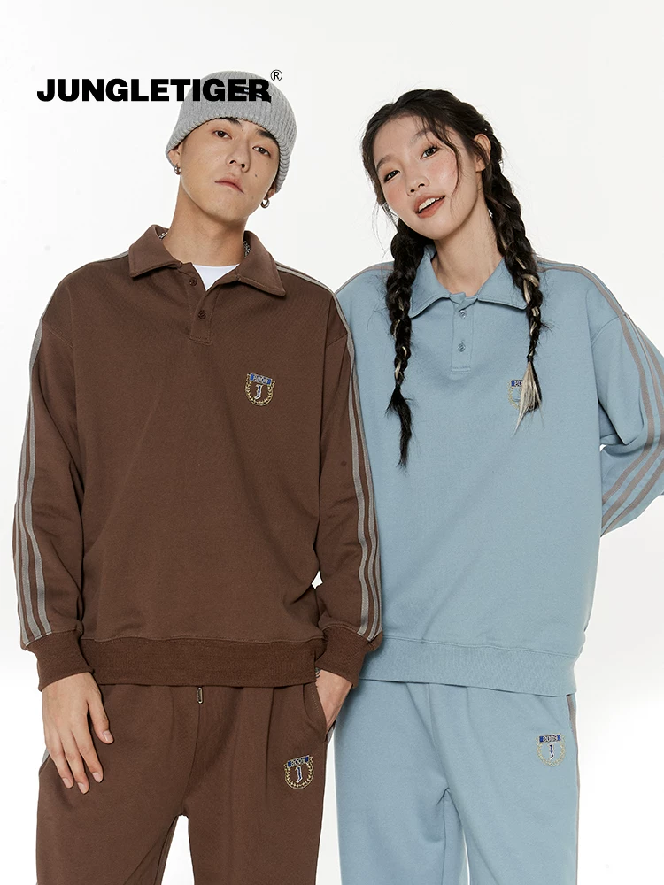 Áo thun cổ polo thêu ba sọc kiểu Mỹ Jungle Tiger, áo len chui đầu dáng rộng nặng 400g mùa thu dành cho nam và nữ.