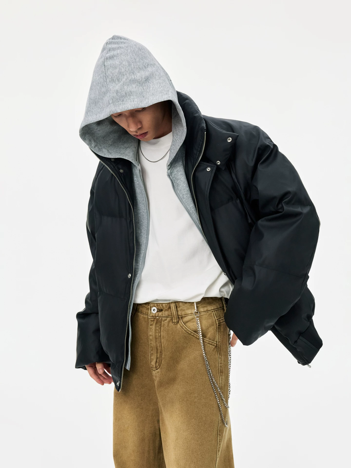 Áo khoác cotton có mũ trùm đầu giả hai mảnh kiểu Mỹ của Jungle Tiger dành cho nam và nữ, áo khoác cotton ấm áp dáng rộng kiểu Mỹ cổ điển mùa thu đông