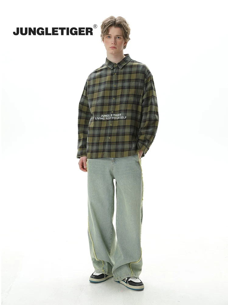 Jungle Tiger American retro dày bảng chữ in áo sơ mi kẻ sọc unisex dáng rộng đa năng áo sơ mi dài tay áo khoác