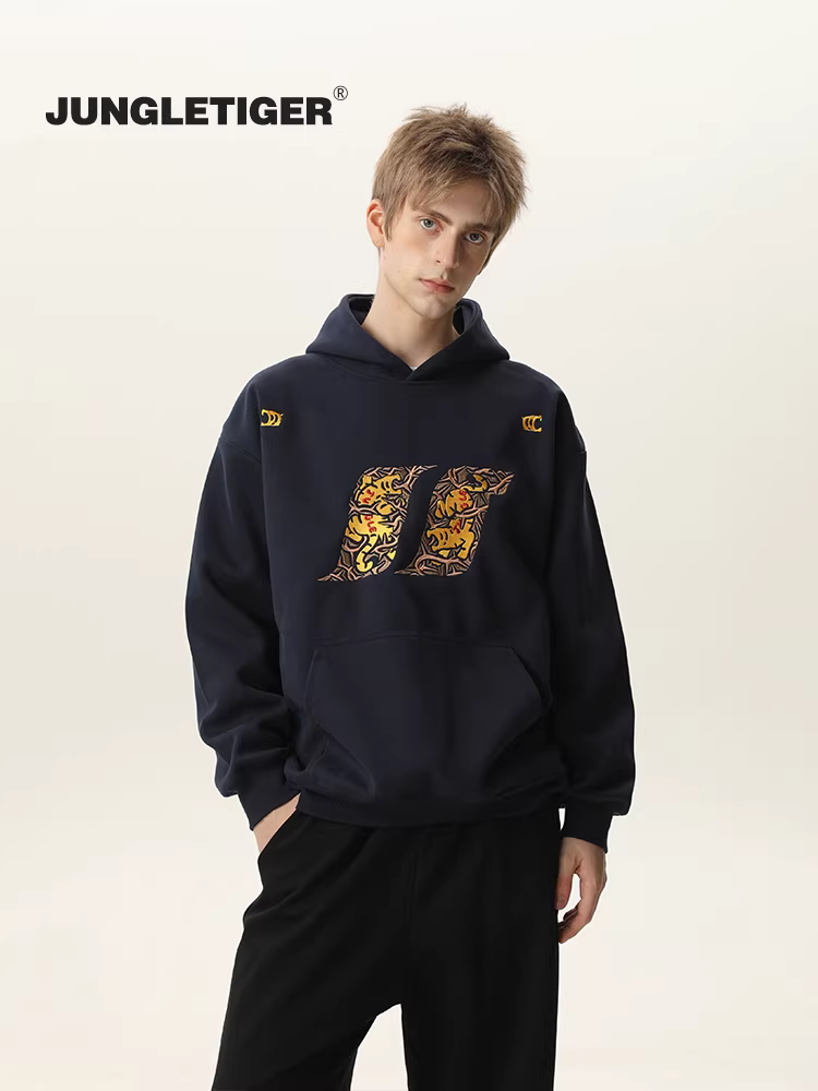 Áo khoác có mũ thêu nặng họa tiết hổ rừng quốc gia dành cho nam và nữ, mùa đông 2025, kiểu dáng rộng rãi, dành cho cặp đôi