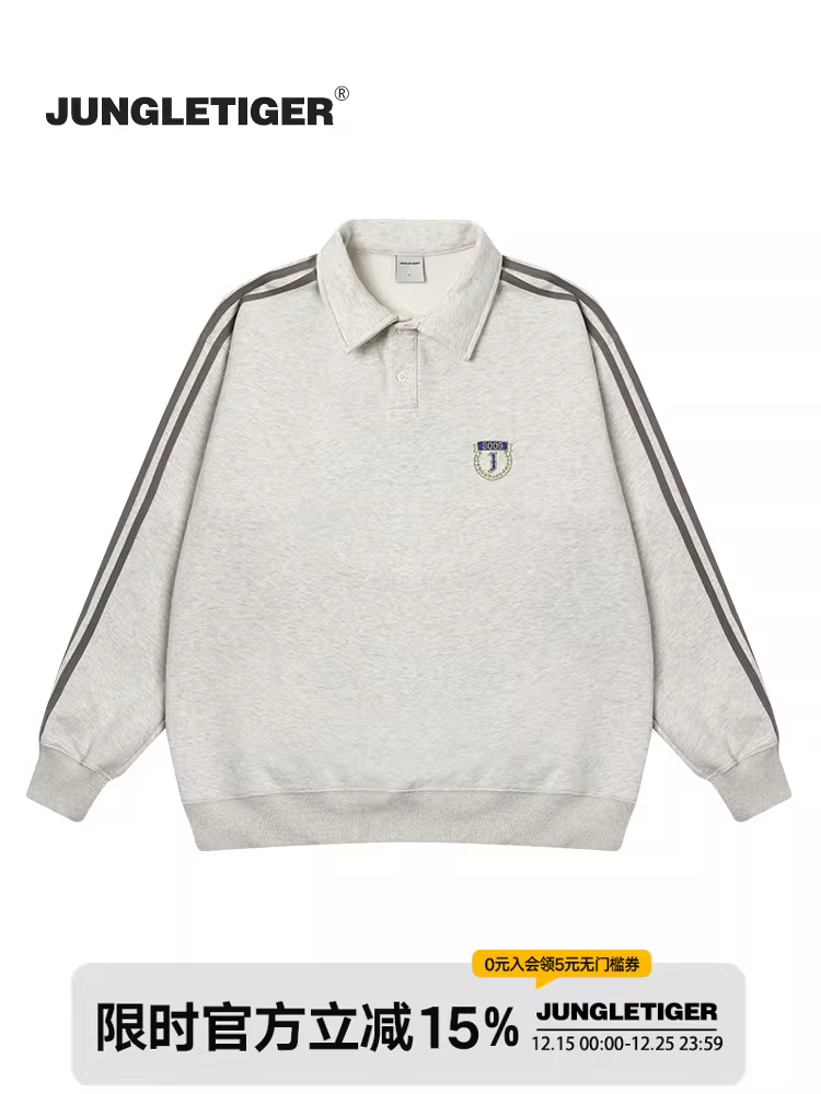Áo thun cổ polo thêu ba sọc kiểu Mỹ Jungle Tiger, áo len chui đầu dáng rộng nặng 400g mùa thu dành cho nam và nữ.
