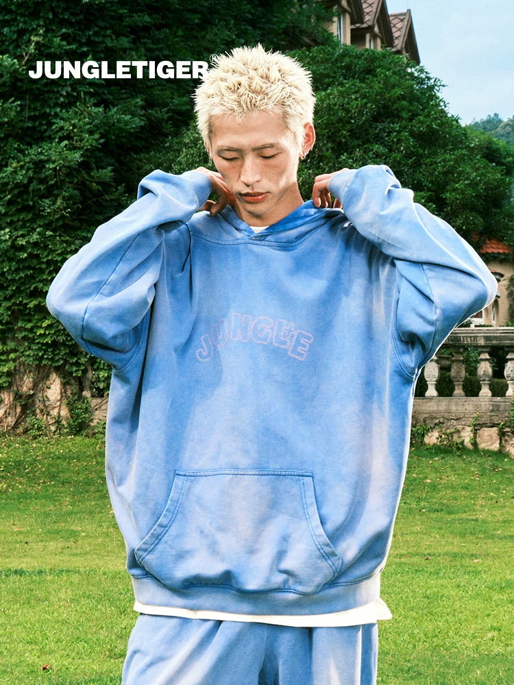 Áo hoodie in hình cây vui nhộn của Jungle Tiger dành cho nam và nữ, mùa thu đông, đã giặt và làm cũ, áo có mũ trùm đầu dày dặn, nặng.