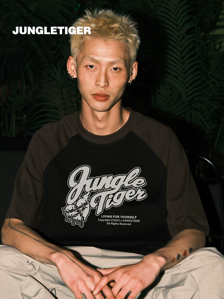 Áo thun tay raglan kiểu chữ cổ điển của Jungle Tiger dành cho nam và nữ, áo thun ngắn tay cotton nguyên chất nặng, phối màu mùa hè