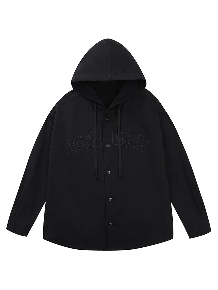 Áo sơ mi dài tay có mũ trùm đầu thêu logo phong cách Mỹ của Jungle Tiger dành cho nam và nữ, áo khoác sơ mi thường ngày hợp thời trang mùa xuân và mùa thu