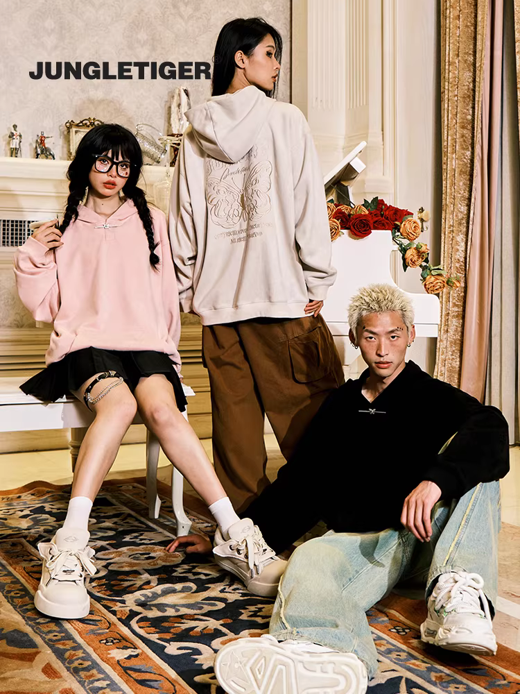 Áo hoodie có mũ trùm đầu phong cách Trung Hoa mới thêu hình bướm khóa kim loại hình hổ rừng Unisex chất liệu da lộn